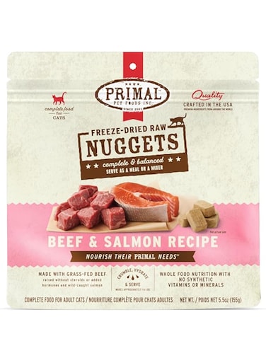 Primal Pet Foods Freeze Dried Cat Nuggets Beef &amp; Salmon; Complete &amp; Balanced Meal or Topper; Premium, Healthy, Grain Free, High Protein Raw Cat with Probiotics (5.5 oz)