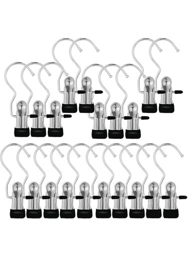 Oasisgalore Portable Laundry Hook Boot Clips,Stainless Steel Hanging Clothes Pins,20 Pack Closet Organizer Hangers Clip Travel Home Clothing Trouser Hanger for Pants,Shoes,Towel,Socks (Black)