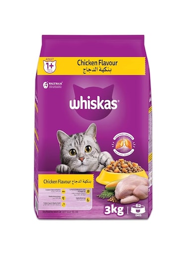 Whiskas Chicken Dry Cat Food, Bag of 3Kg, for Adult Cats 1+ Years, Cat Dry Food, for Healthy, Active Cats