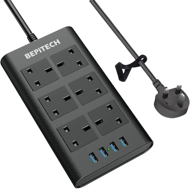 BEPiTECH 10-In-1 Extension Cord 6 UK-UAE Multi-Plug with 4 USB Ports Charging Station, Surge Protected Power Strip, Flat Design 2-Meter Lead for phone/Tablet/Laptops/Travel/Office/Home
