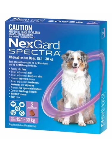 NexGard Spectra Flea, Tick &amp; Worming Chews For Medium Dogs 15-30kg (Pack of 3 Tablets) Purple From Varmacy