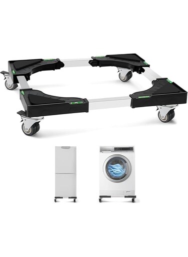 Mini Fridge Stand Adjustable Furniture Dolly Heavy Duty Washing Machine Stand Base Mobile Roller with 4 Locking Swivel Wheels Universal Mobile Base Moving Cart for Dryer (black)