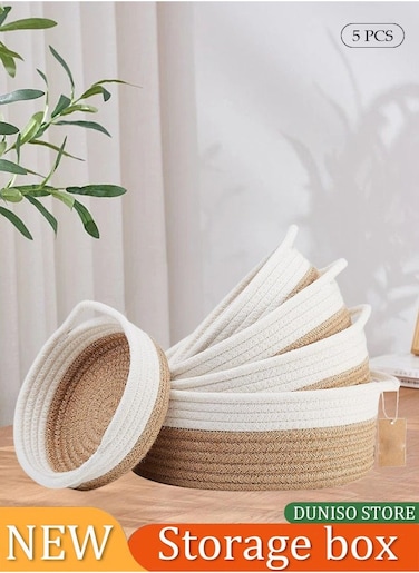 5 Pcs Decorative Woven Basket Set, Small Woven Basket, Cotton Rope Woven Baskets For Organizing, Rectangle Woven Baskets, Suit for Storage Of Toys, Towels &amp; Keys (Brown/White)