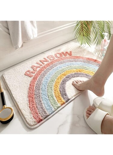Akegna Rainbow Flocking Bath Mat, Bathroom Rug Water Absorbent Non-Slip Soft Microfiber Carpet Mat for Tub Sink Shower and Bath Room Cute Cartoon Doormat, 32"x 20