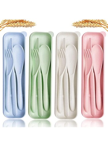 KASTWAVE Cutlery with Case Travel Utensil Set, 4 Sets Wheat Straw Reusable Portable Spoon Knife Forks Tableware, Eco Friendly Non-toxin BPA Free Portable Cutlery for Travel Picnic Camping or Daily Use