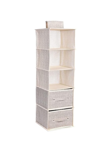 Hanging Shelf Closet Organizer , Storage Box Collapsible Shelves Hanging Closet for Clothes, Socks, Underwear, Hat, Jeans, Towel, Sweater, in Bedroom, Dorm College Room (5-Tier + 2 drawers, BEIGE)