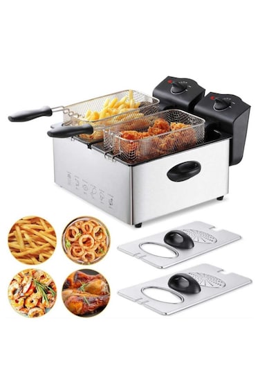 6l Double Deep Fryer Stainless Steel &ndash; Dual Basket, Window Lid, Timer, Temp Control, Kitchen