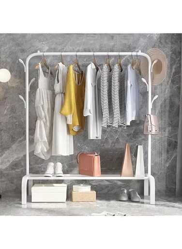 Heavy Duty Metal Clothes Stand, Garment Rack with Hanging Single Rod, Storage Shelf, Black (White)