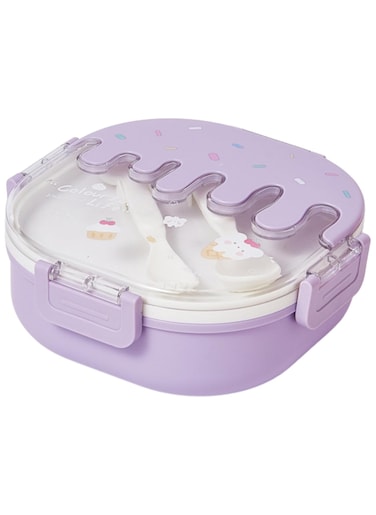 Twisoo Bento Plastic Lunch Box for Kids and Adults, 3 Compartment Cute Ice Cream Snack Container with Fork and Spoon, Double Decker, BPA Free, Leakproof, Ideal for School and Office Use (Purple)