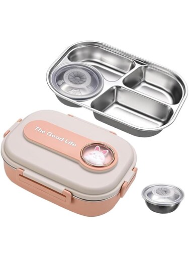 Tycom Stainless Steel Lunch Box for Kid School, Insulated Bento Lunch Box, 4 Compartment Divided Lunch Containers with Lids, Leakproof   BFA Free   Dishwasher Safe (Rabit Pink)