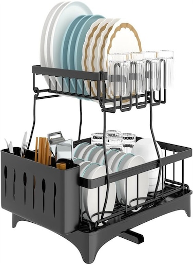 Dish Drying Rack Drainboard Set, Large 2 Tier Stainless Steel Dish Racks with Drainage, Utensil Holder Multifunctional Dish Drainers for Kitchen Counter