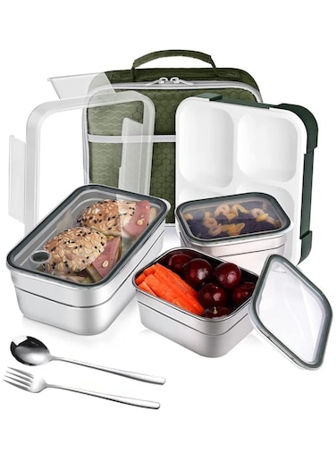 Stainless Steel Lunch Box for Kids Adults,Insulated Bento Lunch Box with Tableware &amp; Bag,1260ML 3 Compartment Divided Lunch Containers with Lids,Leakproof   BPA Free   Dishwasher Safe（Green）