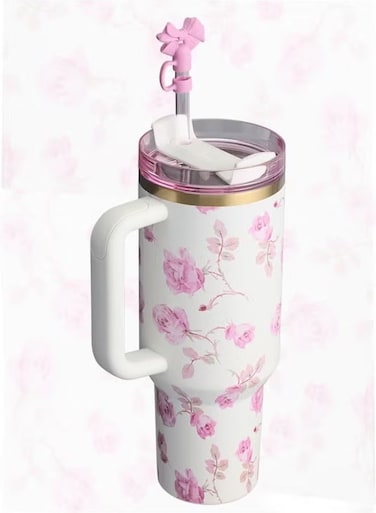 Love Shack Fancy H2.0 Flow State 40oz Cortex Tumbler &acirc;&euro;&ldquo; Premium Pink Stainless Steel Vacuum Insulated Quencher with Leak-Resistant Lid, Straw &amp; Stopper   Ideal for Water, Iced Tea &amp; Smoothies   Elegant Gift-Ready Packaging   Keeps Drinks Cold for Hours
