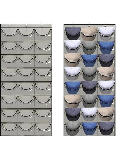JCZD Baseball Hat Rack, 24 Pocket Over The Door Cap Organizer with Clear Deep Pockets to Display Baseball Caps Collection, Complete with 3 Over Door Hooks (Light Gray)