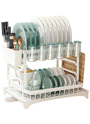 2 Tier Foldable Dish Drying Rack with Utensil Holder &amp; Cutting Board Holder &amp; Drainboard Tray, Rotatable Drainage System Scratch Resistant Frosted Baking Process Coatings, Large White