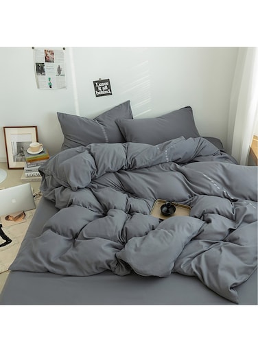 Cotton Duvet Cover Set, 4 Pieces Soft Brushed Microfiber Comforter Cover with Zipper Closure, Include 1 Duvet Cover 220x240cm 1 Flat Sheet and 2 Pillowcase, King Size(Grey)