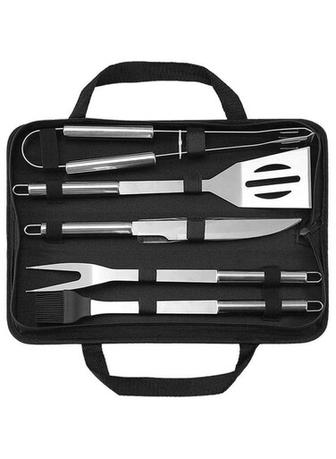 TIME 5 Pcs Portable Stainless Steel Barbecue Utensil With Bag Silver
