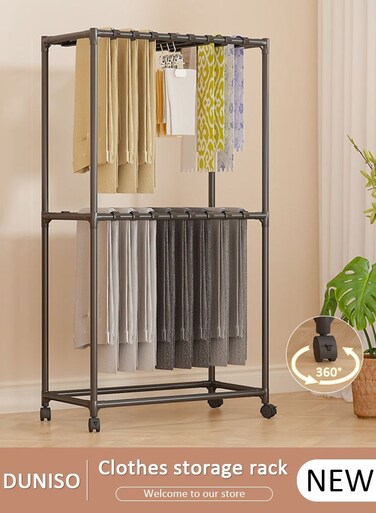 2-layer Floor-Standing Pants Trolley with 4 Wheels ,Multifunctional Metal Garment Rack- Versatile Trouser Rackfor Jeans Scarves &amp; Towels - Black Clothing Storage Solution