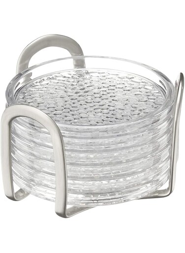 iDesign Rain Stainless Steel Drink Coasters with Holder for Home Counters, Kitchen, Dining Room, Living Room, Patio, Coffee Table, Set of 6, Clear