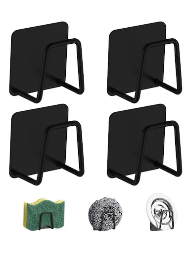 Sponge Holder for Kitchen Sink, 4PCS Strong Adhesive Sponge Holder for Sink Counter, Dish Sponge and Brush Organization Holder, Premium SUS304 Stainless Steel Rust Proof Waterproof(Black)