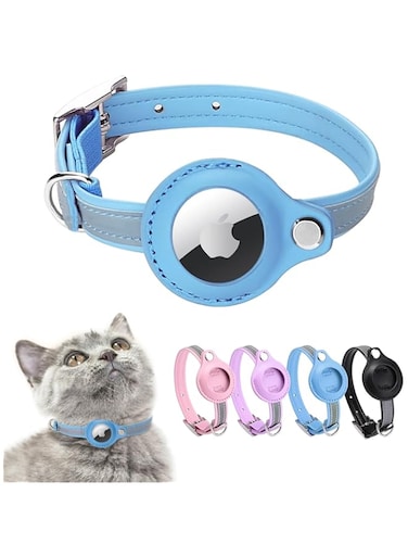 mouyou Airtag Cat Collar, Leather Airtag Collar Cat, Reflective Adjustable GPS Cat Collar, Airtag Case for Tracking Cat, Anti-Lost, Airtag Cat for Large/Medium/Small Cat (XS, Blue