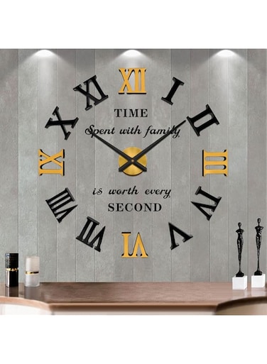Vangold Large 3D DIY Wall Clock Roman Numerals Clock Frameless Mirror Surface Wall Sticker Home Decor for Living Room Bedroom (Black Gold)