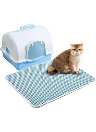 Okbuynow Cat Litter Mat Honeycomb Double Layer Waterproof Urine Proof Tracking Kitty Trapping Mats Washable Easy Clean Scatter Control (29" x 21"cm Blue)