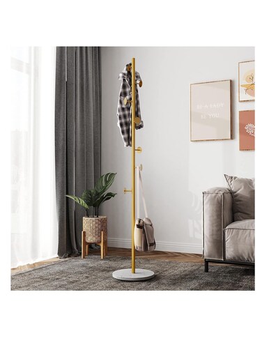 Metal Coat Rack Freestanding with Heavy Stable Marble Base, Sturdy Coat Rack Stand with 7 Hooks for Clothes/Bags/Hats, Gold Coat Rack Stand for Entryway,Bedroom,Office,Narrow Place