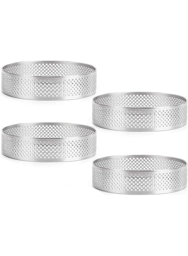4Pcs 10cm Circular Steel Tart Ring, Perforated Tart Rings for Baking, Stainless Steel Nonstick Round Cake Ring, Metal Pastry Mold for French Dessert, Small Fruit Tarte Crust