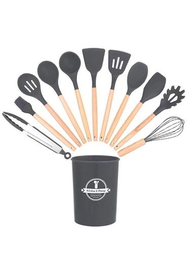 12-Piece Set Of Wooden Handle Silicone Tableware With Storage Bucket, Non-Stick Pan And High Temperature Resistance