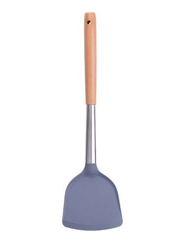 Food-Grade Silicone Turner Spatula with Wooden Handle &amp; Stainless Steel Shaft, Non-Stick Pan Friendly Kitchen Gadget for Cooking Baking (Gray,35.5cm)