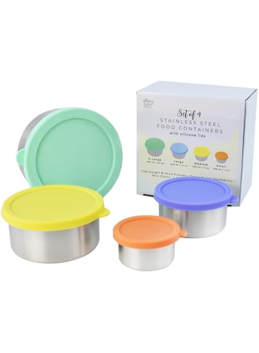 Stainless Steel Snack Containers Set of 4, Food Storage with Leakproof Silicone Lids, School Lunch Container Set for Kids, Meal Prep, Kitchen Storage, Office Reusable Lunch Containers for Adults