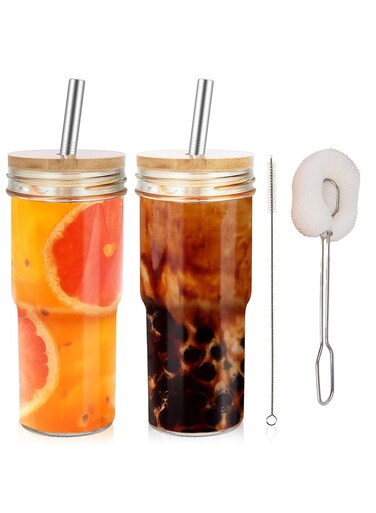 seven 2-pack 24oz Boba Glass Cups with Bamboo Lids and Straws - Bubble Tea, Smoothie, and Iced Coffee Cups for Refreshing Beverages