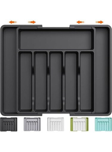 Geoveins Silverware Drawer Organizer, Expandable Utensil Tray for Kitchen, BPA Free Flatware and Cutlery Holder, Adjustable Plastic Storage for Spoons Forks Knives, Large (Gray) (Black)