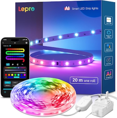 Lepro S1 AI Smart Rainbow LED Strip Light 20M one roll, App &amp; Voice Control, Works with Alexa &amp; Google Home, 30 LEDs/M, Music Sync, AI Lighting Design Assistant, MagicColor LED Lights for Bedroom