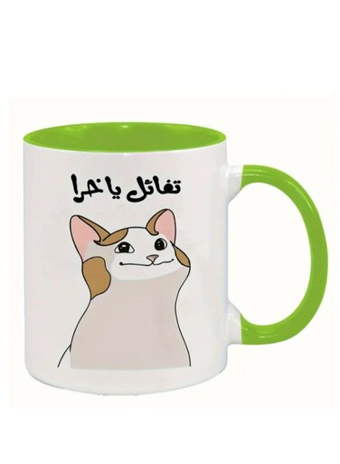 Funny Cat Meme &amp; Arabic Script Design, Humorous Gift for Friends, Coworkers, Office &amp; Home Use, Coffee Mug in Green