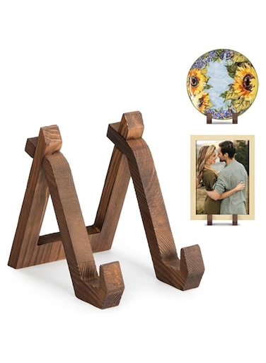 KASTWAVE 6 Inch Plate Display Stand, Plate Holder for Displaying, Decorative Picture Frame Dish Photo Plaque Platter Wood Stand, Detachable Photo Frame Stand Retro Style