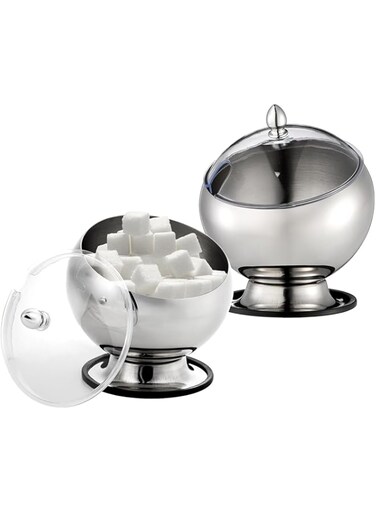 1PCS Stainless Steel Sugar Bowl with Lid, Clear Top Sugar Cube Holder Spherical Candy Bowl Container Dishwasher Safe Stainless Steel Serving Dish Candy Serving Bowl for Coffee Bar, Kitchen Countertop