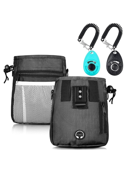 Dog Treat Pouch - 3 Ways to Wear Treat Pouches for Pet Training and 2 Pieces Clicker Taining for Dogs,Dog Training Treat Pouch Bag and Dog Clicker for Training with Waist Belt Shoulder Strap - Black