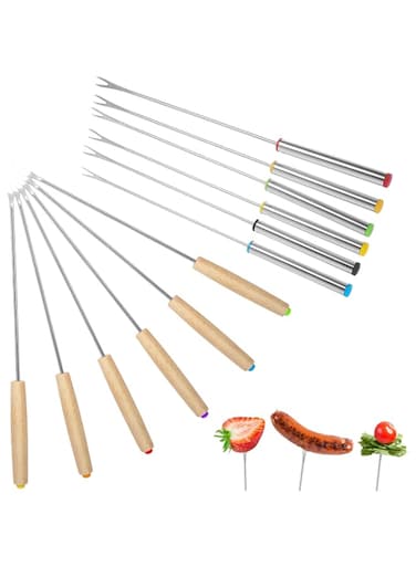 Duomama Premium Fondue Forks Set with Steel &amp; Wood Handles - 12 Pcs for Cheese, Chocolate, Smores &amp; Roast Meat - Durable Skewers for Fondue Parties &amp; Gatherings - Fondue Accessories Kit