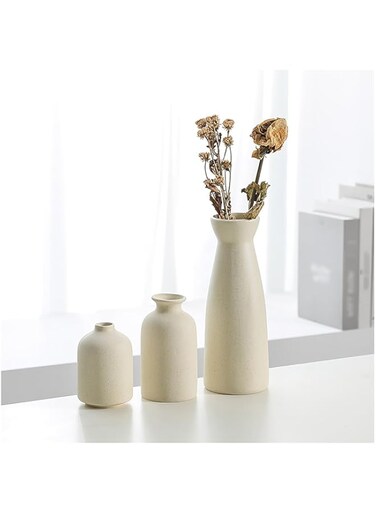 Strayelf Ceramic vase Set-3 Small Flower vases for Decor,Modern Home Decor, Vases for Decor,Pampas Grass Vase,for Living Room, Desk, Shelf, Pampas Grass, Dried Flowers (Beige)
