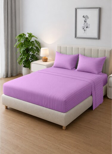 Linen Klub Striped Microfiber Fitted Sheet Set - Double (120 x 200 cm) + 2 Pillowcases (50 x 75 cm), Premium Durable Quality, Deep Pocket for a Perfect Fit, Lilac