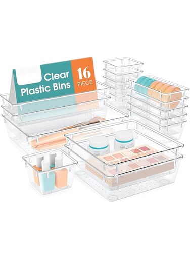 16 Pcs Drawer Organizer Set Dresser Desk Drawer Dividers - 5 Size Bathroom Vanity Cosmetic Makeup Trays - Multipurpose Clear Plastic Storage Bins for Jewelries, Kitchen Gadgets and Office Accessories
