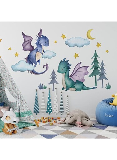 Baby Dragon Wall Decals, Moon Stars Clouds Forest Nursery Decor, Kids Room Cartoon Stickers for Boys Bedroom Playroom Art