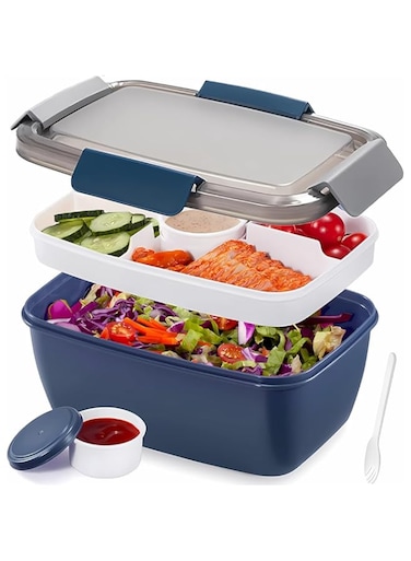 LENND Large Salad Lunch Container To Go,2L Salad Bowls with 4 Compartments, Salad Dressings Container for Salad Toppings, Snacks, Men, Women (Blue-XL), BL86