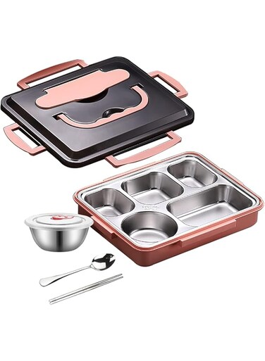 Arabest Large Stainless Steel Lunch Box 1400 ML Bento-Style, 5 Compartments Lunch Container for Adult Office Outdoor Meals On-the-Go - Eco-Friendly, Dishwasher Safe, BPA-Free (1400 ML, Pink)