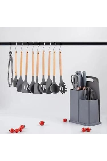 19pcs Grey silicone spatula set with holder&mdash;heat-resistant, BPA-free, safe for nonstick cookware.