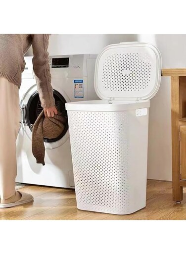 HNEJA Laundry Basket, Floor-Standing Hand-Held Laundry Basket with Lid, Plastic Laundry Hamper Storage Bucket with Handle, for Kitchen Bedroom Bathroom Closet(White)