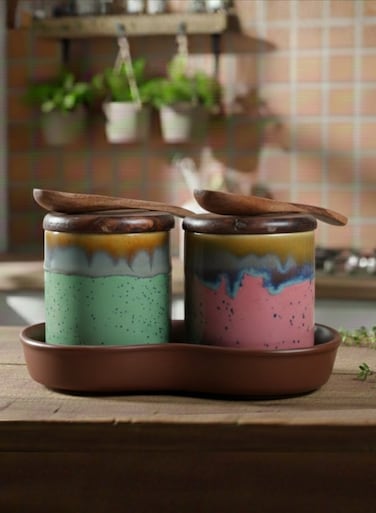 And Twine Green Pink Ombre Ceramic Spice Jar with Tray Set of 2