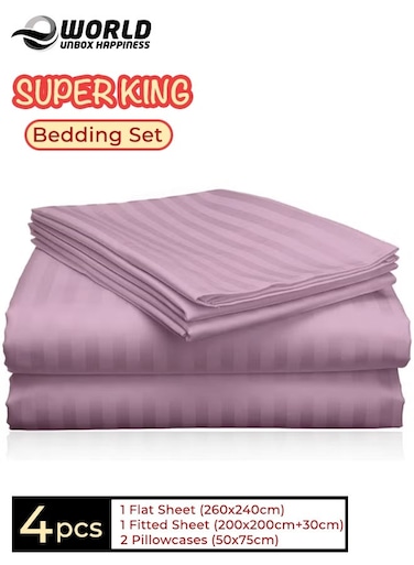 4-Piece Luxury Super King Pink Striped Bedding Set (Flat Sheet 260&Atilde;&mdash;240 cm, Fitted Sheet 200&Atilde;&mdash;200+30 cm, 2 Pillowcases 50&Atilde;&mdash;75 cm) &acirc;&euro;&ldquo; Premium Microfiber, Hotel-Style Comfort